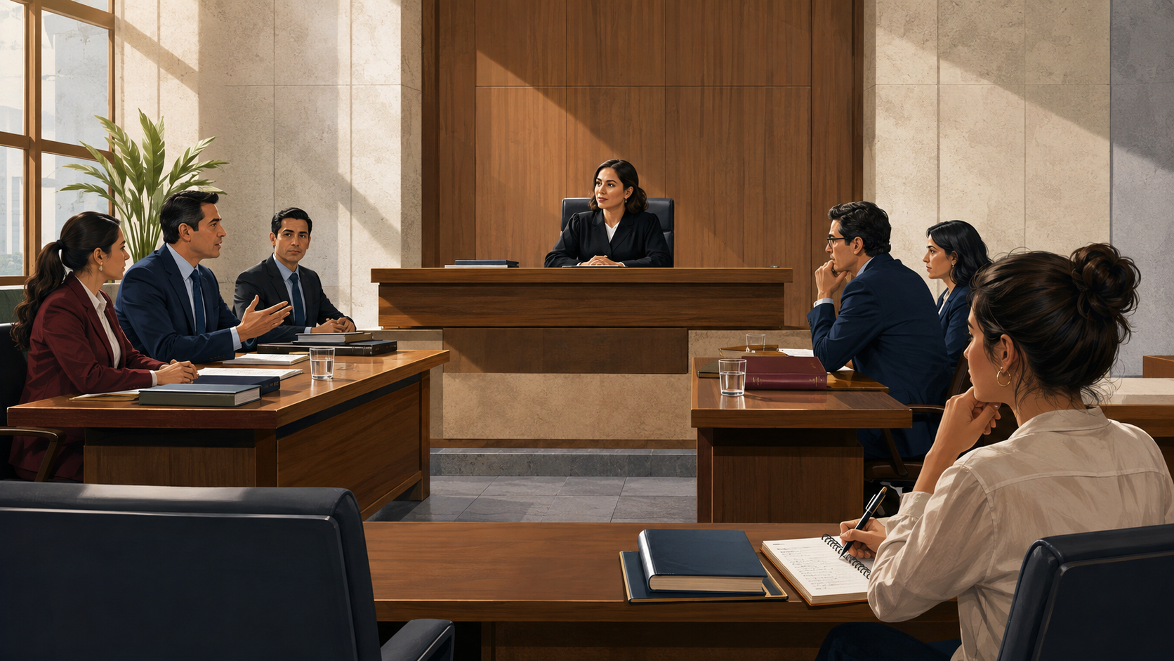Audiencia penal con tribunal, fiscalía y defensa examinando el caso